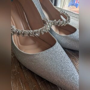 Bcbg Sparkle Glitter Silver Rhinestone Jewel Strap Heel Mary Jane